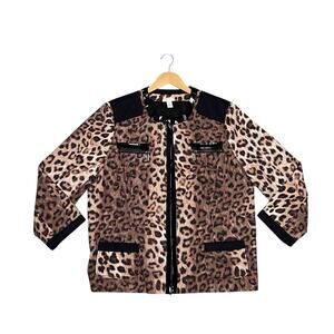 Chico’s Matilda Leopard Print Jacket Sz XXL Brown Faux Patent Trim Pockets Artsy